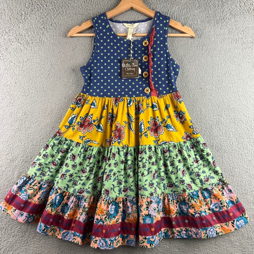 Matilda Jane Girls Tiered Mixed Print Floral Polka Dot Dress Size 10 NWT